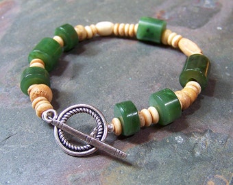 Jade Bracelet | Rustic Bone and Green Nephrite Jade Stone Bracelet | OOAK Boho Stacking Bracelet | Earthy Stone Jewelry