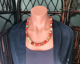Big Red Coral and Amazonite Necklace | 14kt Solid Gold | Sacred Stones | Old Mosaic Coral from Morocco | Ancient Amazonite Collectible Beads
