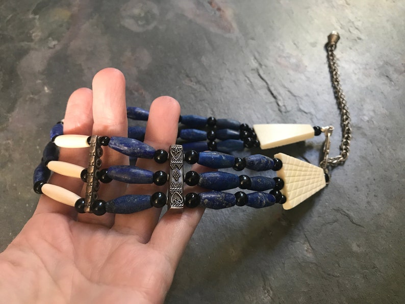 Blue Gemstone Hair Pipe Choker Bone Cowgirl Hippie Southwestern Jewelry Natural Lapis Lazuli Sterling Native Tribal Coin Silver