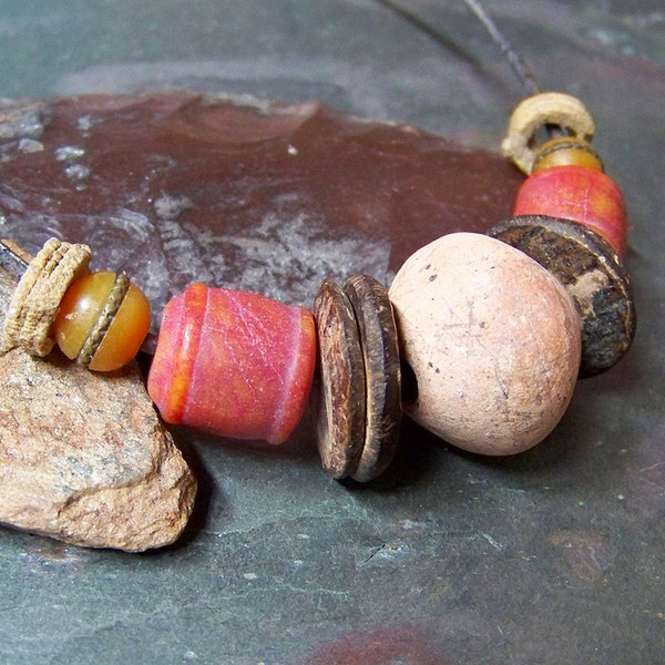 Tribal Mens Necklace | Neolithic Jewelry | Men's Primitive Stone Choker with Precolumbian Clay Spindle Whorl Artifact and Copal Resin Beads