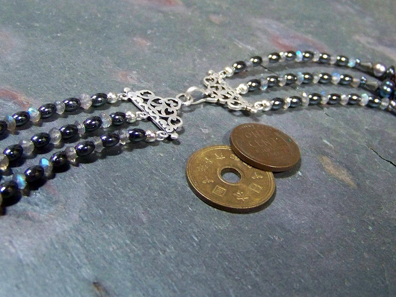 Stone Cube Necklace Long Hematite Necklace Beaded Bib Necklace Multistrand Labradorite Jewelry OOAK Geometric Statement Necklace