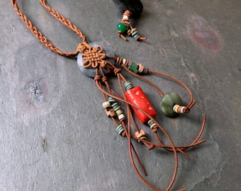 Untreated Jade Tribal Leather Talisman | Ancient Egyptian Faience Sha Sha Beads | Chinese Knot Necklace | Mediterranean Coral | Trade Beads