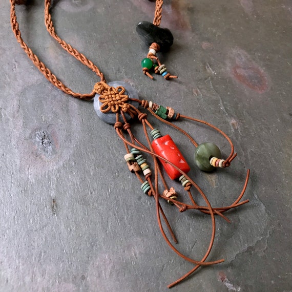Untreated Jade Tribal Leather Talisman | Ancient Egyptian Faience Sha Sha Beads | Chinese Knot Necklace | Mediterranean Coral | Trade Beads
