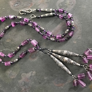 Long Tassel Necklace in Sterling Silver and Fluorite | 36 Inch Opera Length Hand Carved Beads Untreated | Purple Silver Black | Flapper 1920