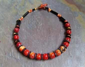 Apple Coral Choker | Red and Black Coral Necklace with Tagua Nut | Vintage Black Coral Jewelry | Chunky Beaded Choker | Urban Tribal Choker