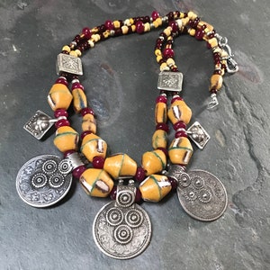 Old Coin Necklace with Antique Beads High Grade Silver Rare King George V Rupee Big Boho Necklace Red Yellow Excavated Fouille Beads image 8