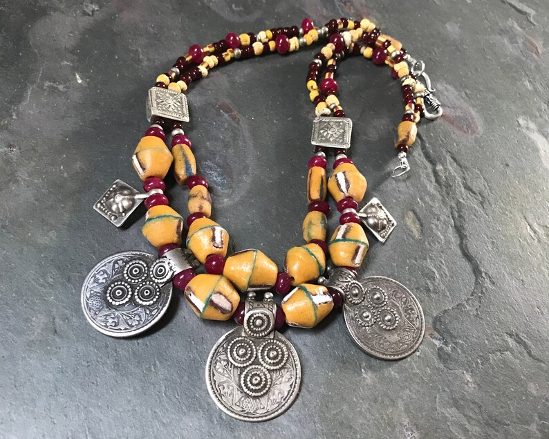 Old Coin Necklace with Antique Beads High Grade Silver Rare King George V Rupee Big Boho Necklace Red Yellow Excavated Fouille Beads image 8