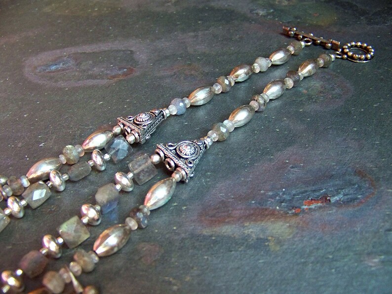 Labradorite Necklace with Moroccan Charms Old Tribal Silver Jewely Ethereal 2 Strand Necklace Ethnic Club Necklace Double Strand image 3