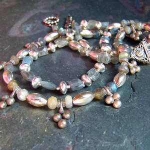 Labradorite Necklace with Moroccan Charms Old Tribal Silver Jewely Ethereal 2 Strand Necklace Ethnic Club Necklace Double Strand image 2