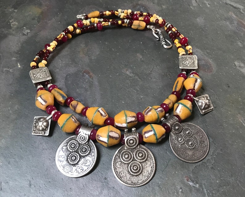 Old Coin Necklace with Antique Beads High Grade Silver Rare King George V Rupee Big Boho Necklace Red Yellow Excavated Fouille Beads image 1