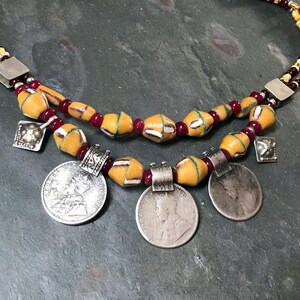 Old Coin Necklace with Antique Beads High Grade Silver Rare King George V Rupee Big Boho Necklace Red Yellow Excavated Fouille Beads image 7