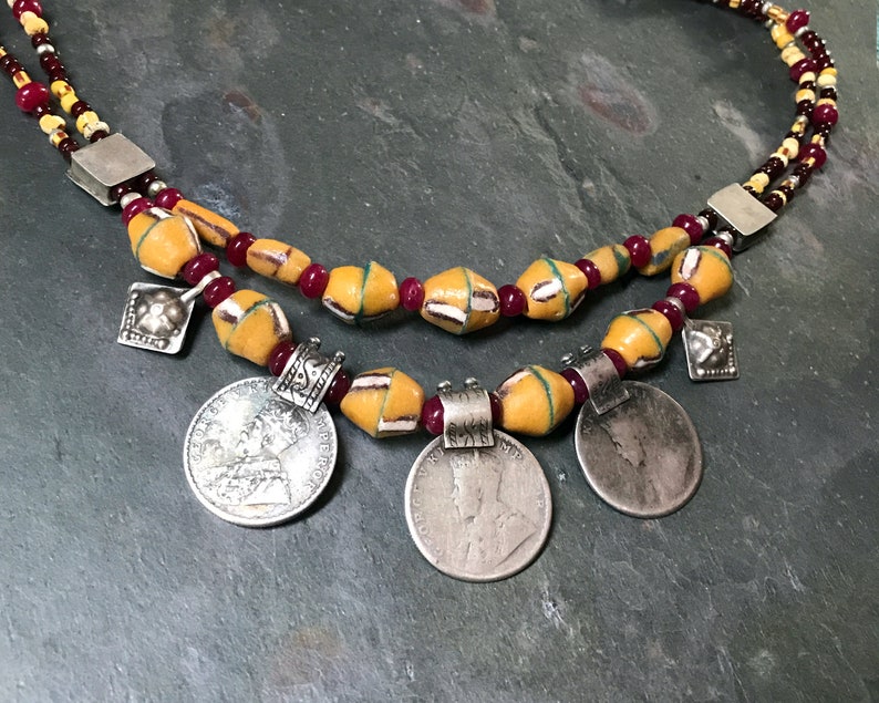 Old Coin Necklace with Antique Beads High Grade Silver Rare King George V Rupee Big Boho Necklace Red Yellow Excavated Fouille Beads image 7