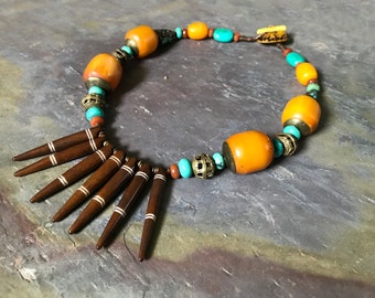 Big Amber & Turquoise Necklace | Antique Bakelite and Amber Resin Beads from Asia, Tibetan Turquoise, Bone Spikes | Chunky Ethnic Jewelry