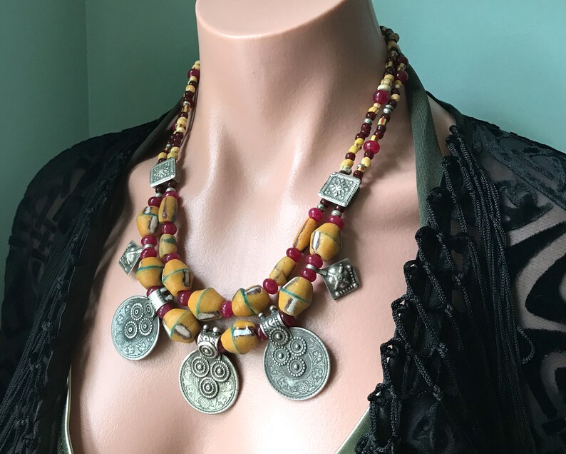 Old Coin Necklace with Antique Beads High Grade Silver Rare King George V Rupee Big Boho Necklace Red Yellow Excavated Fouille Beads image 2