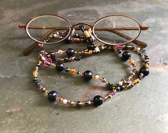 Reading Glasses Cord with Hematite Stars | Gold Pink Black 1980s Style Beaded Glasses Chain Eyeglass Keeper | Librarian Eye Glasses Necklace