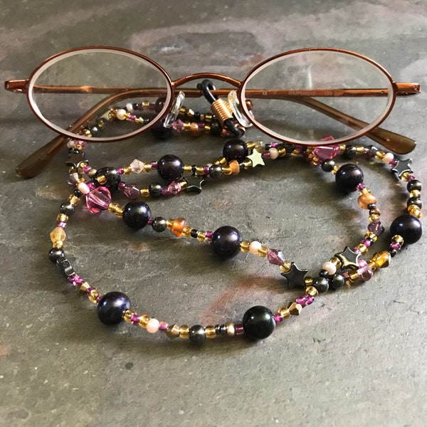 Reading Glasses Cord with Hematite Stars | Gold Pink Black 1980s Style Beaded Glasses Chain Eyeglass Keeper | Librarian Eye Glasses Necklace