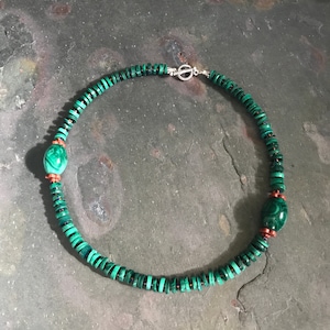 Malachite Heishi Necklace | Vintage Native-carved Disk Beads with Big Orbs & Eyes | Rust Orange Bitto Trade Beads | Sterling Silver Toggle