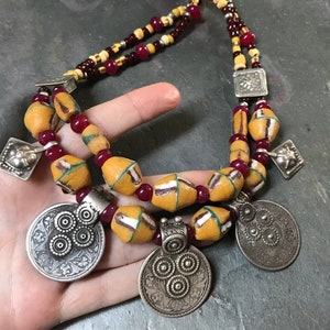 Old Coin Necklace with Antique Beads High Grade Silver Rare King George V Rupee Big Boho Necklace Red Yellow Excavated Fouille Beads image 5