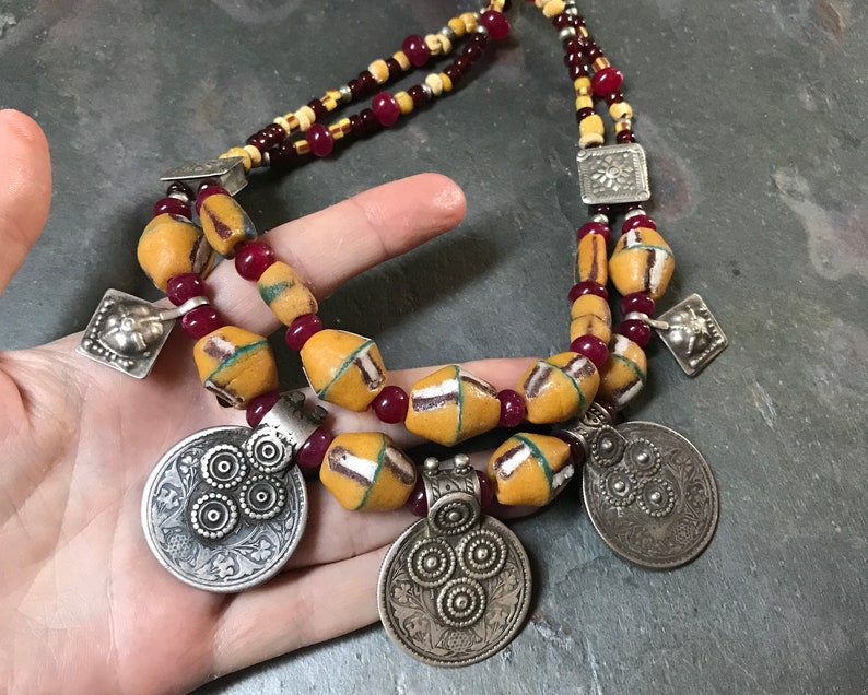 Old Coin Necklace with Antique Beads High Grade Silver Rare King George V Rupee Big Boho Necklace Red Yellow Excavated Fouille Beads image 5