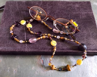 Funky Yellow Beaded Spectacles Chain | Gift for Mom | Sunglasses Leash | Purple Reading Glasses Keeper | Crystal Eyeglass Holder | Librarian