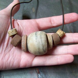 Ancient Clay Necklace for Man Men's Leather Choker Tribal Mens Jewelry with Fossils, Old Alabaster Bead and Precolumbian Spindle Whorls image 5