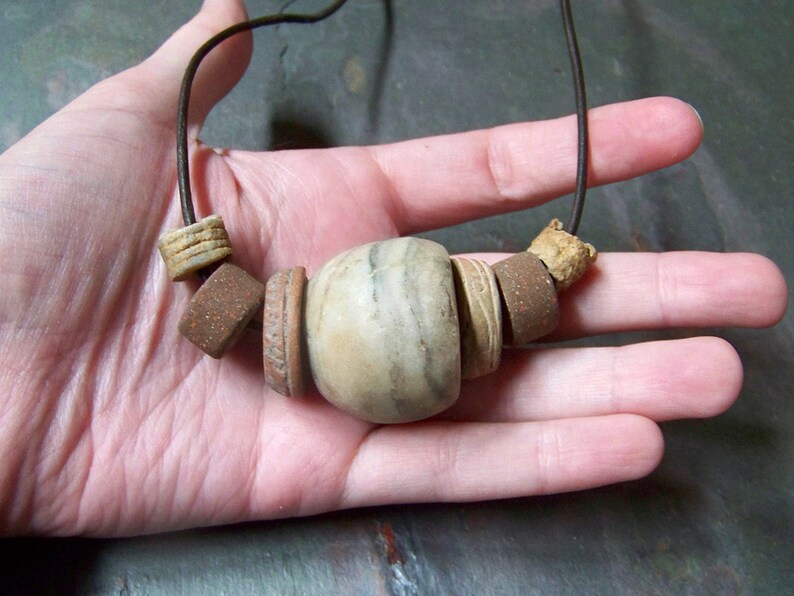 Ancient Clay Necklace for Man Men's Leather Choker Tribal Mens Jewelry with Fossils, Old Alabaster Bead and Precolumbian Spindle Whorls image 5