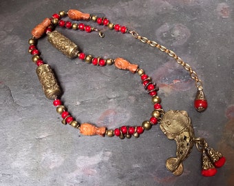 Auspicious Fish Necklace | Koi Pendant | Vintage Red Whitehearts & Brass Beads, Igbo Bugs from African Trade, Tibetan Repousse, Bamboo Coral