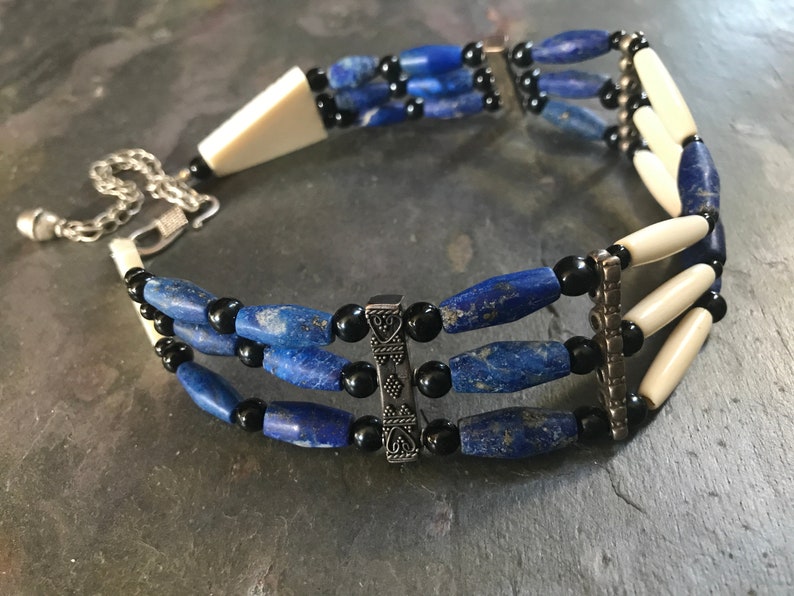 Blue Gemstone Hair Pipe Choker Bone Cowgirl Hippie Southwestern Jewelry Natural Lapis Lazuli Sterling Native Tribal Coin Silver
