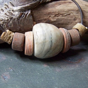 Ancient Clay Necklace for Man Men's Leather Choker Tribal Mens Jewelry with Fossils, Old Alabaster Bead and Precolumbian Spindle Whorls image 1