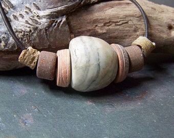 Ancient Clay Necklace for Man | Men's Leather Choker | Tribal Mens Jewelry with Fossils, Old Alabaster Bead and Precolumbian Spindle Whorls