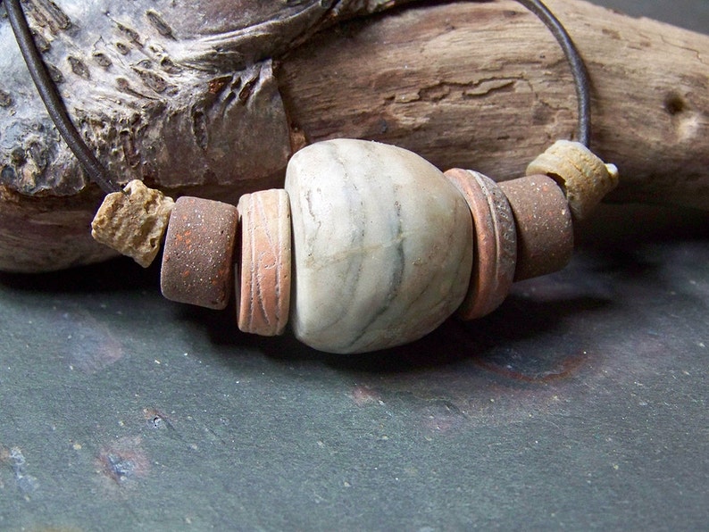 Ancient Clay Necklace for Man Men's Leather Choker Tribal Mens Jewelry with Fossils, Old Alabaster Bead and Precolumbian Spindle Whorls image 1