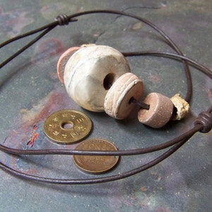 Ancient Clay Necklace for Man Men's Leather Choker Tribal Mens Jewelry with Fossils, Old Alabaster Bead and Precolumbian Spindle Whorls image 6