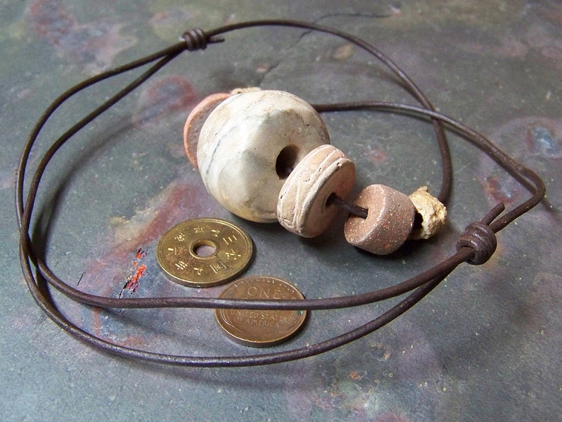 Ancient Clay Necklace for Man Men's Leather Choker Tribal Mens Jewelry with Fossils, Old Alabaster Bead and Precolumbian Spindle Whorls image 6