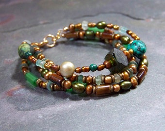 Earthy Stacking Bracelets | Layering Bronze, Gold, Turquoise, Green Ancient Glass Multistrand Bracelet | Organic Boho Jewelry