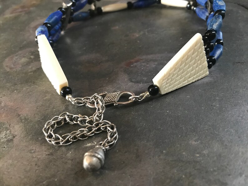 Blue Gemstone Hair Pipe Choker Bone Cowgirl Hippie Southwestern Jewelry Natural Lapis Lazuli Sterling Native Tribal Coin Silver
