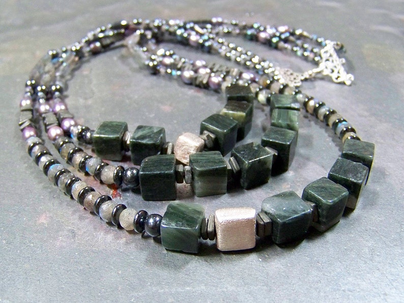 Stone Cube Necklace Long Hematite Necklace Beaded Bib Necklace Multistrand Labradorite Jewelry OOAK Geometric Statement Necklace