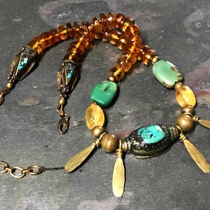 Antique Tibetan Turquoise Yu Talisman with Brass Hair Bead | Antique Chiapas Amber | Nepalese Mosaic Beads | Mystical Ethnic Rare Eye Amulet