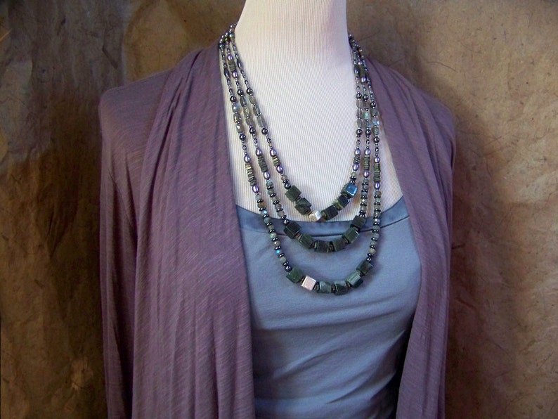 Stone Cube Necklace Long Hematite Necklace Beaded Bib Necklace Multistrand Labradorite Jewelry OOAK Geometric Statement Necklace