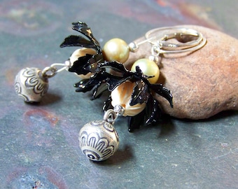 Black Lotus Earrings | Vintage Enamel Flower Dangle Earrings | .925 Sterling Silver Zen Jewelry Jingle Bells, Carved Bone, Pearl, Water Lily