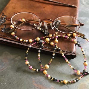 Reading Glasses Cord | Gold Pink Black 1980s Style Beaded Glasses Chain | Pearl Eyeglass Keeper | Librarian Eye Glasses Necklace Spectacles