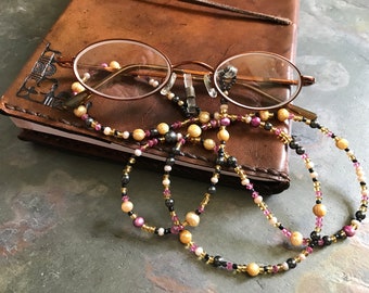 Cordon pour lunettes de lecture | Chaîne de lunettes perlées style années 1980 or rose noir | Porte-lunettes perlé | Bibliothécaire Lunettes Collier Lunettes