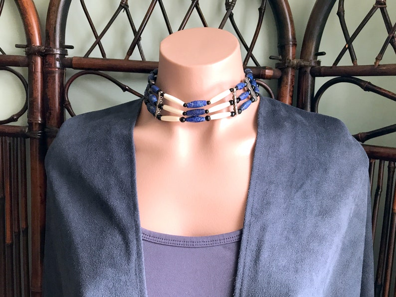 Blue Gemstone Hair Pipe Choker Bone Cowgirl Hippie Southwestern Jewelry Natural Lapis Lazuli Sterling Native Tribal Coin Silver