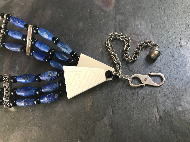 Blue Gemstone Hair Pipe Choker Bone Cowgirl Hippie Southwestern Jewelry Natural Lapis Lazuli Sterling Native Tribal Coin Silver