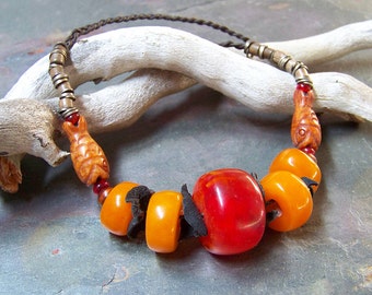 Collier en résine de copal | Collier en Cuir Tressé Perlé avec Poisson Pierre | Bijoux Homme Ethnique Homme | Perles de bois, métal tribal, argent sterling