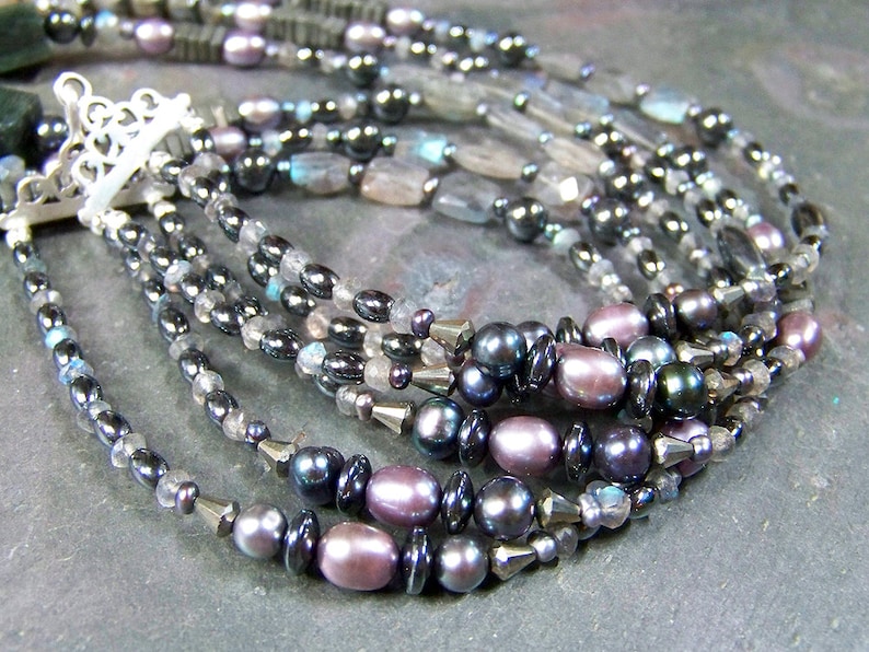 Stone Cube Necklace Long Hematite Necklace Beaded Bib Necklace Multistrand Labradorite Jewelry OOAK Geometric Statement Necklace