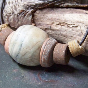 Ancient Clay Necklace for Man Men's Leather Choker Tribal Mens Jewelry with Fossils, Old Alabaster Bead and Precolumbian Spindle Whorls image 2