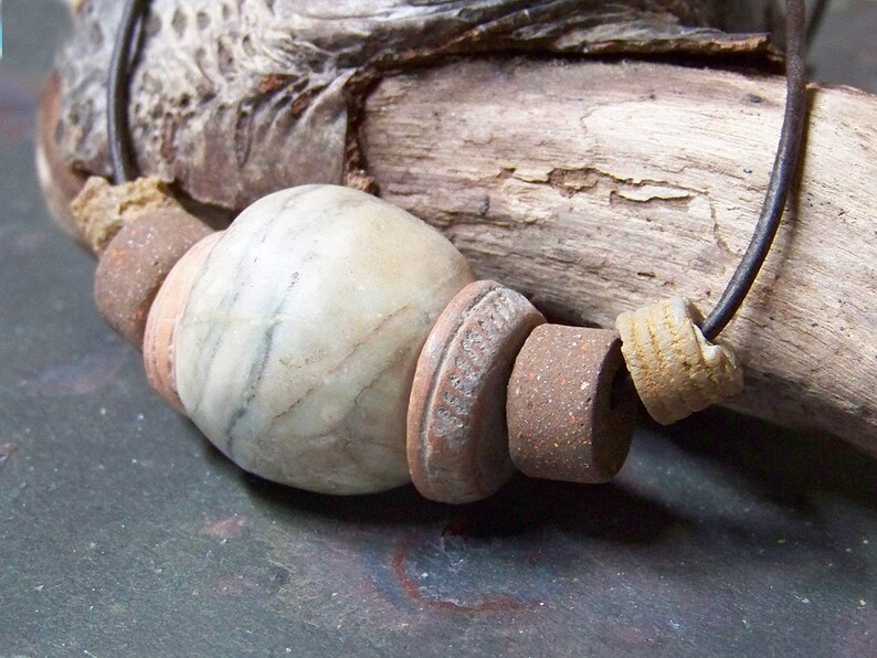 Ancient Clay Necklace for Man Men's Leather Choker Tribal Mens Jewelry with Fossils, Old Alabaster Bead and Precolumbian Spindle Whorls image 2