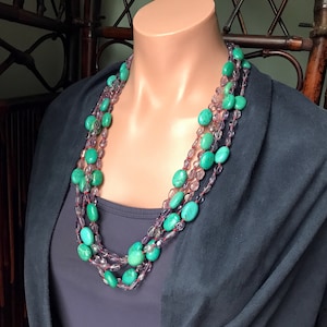 Amethyst and Chinese Turquoise Multistrand Necklace | Big Bold Statement Necklace Purple and Teal Blue Gemstone Oval Nuggets and Pure Copper