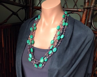 Collier multirangs améthyste et turquoise de Chine | Grand collier tendance audacieux, pépites ovales de pierres précieuses violettes et bleu sarcelle et cuivre pur