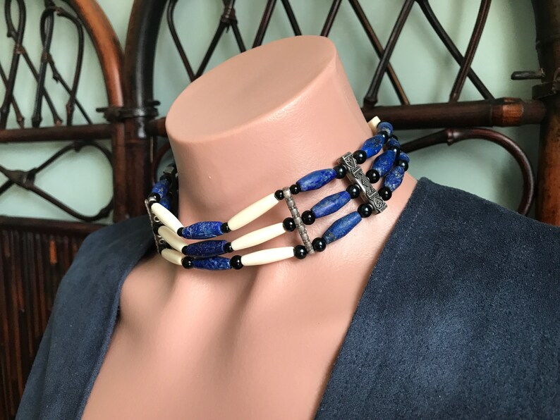 Blue Gemstone Hair Pipe Choker Bone Cowgirl Hippie Southwestern Jewelry Natural Lapis Lazuli Sterling Native Tribal Coin Silver